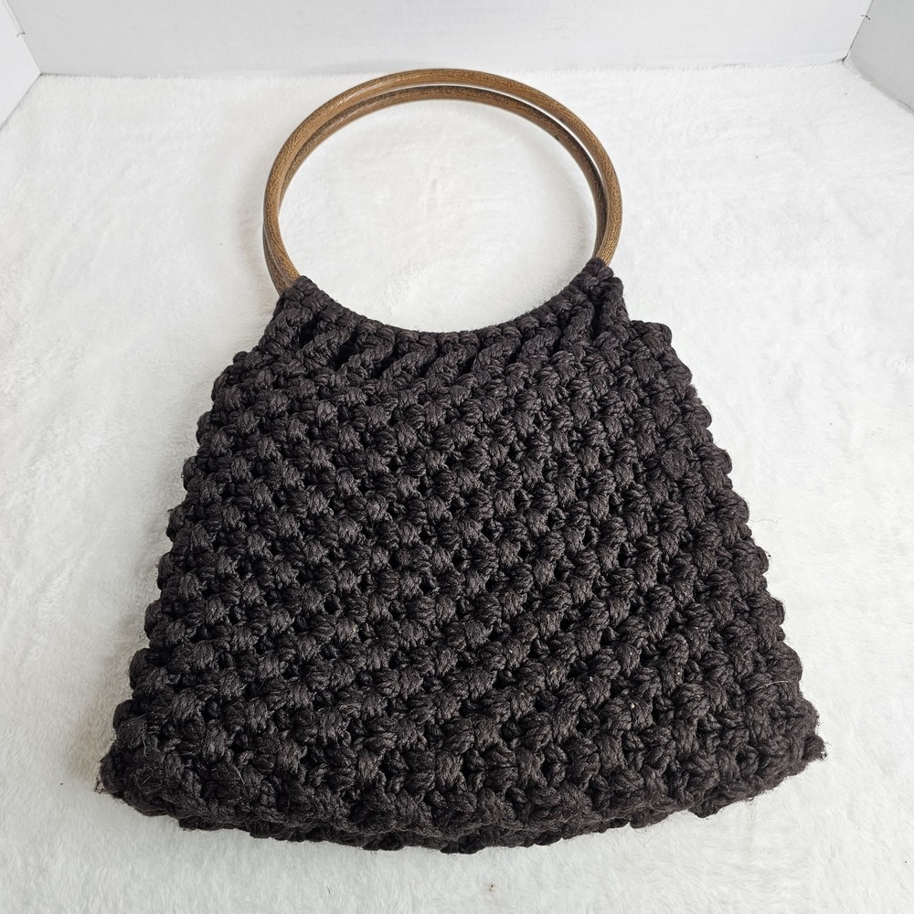 Vintage Brown Macrame Crochet Tote Bag Wooden Handles Boho Beach Summer Purse
